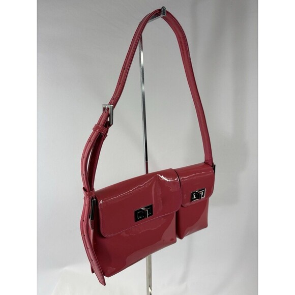 By Far Billie Patent Leather Top Handle Bag Bright Pink Pockets Toggles - Picture 5 of 14